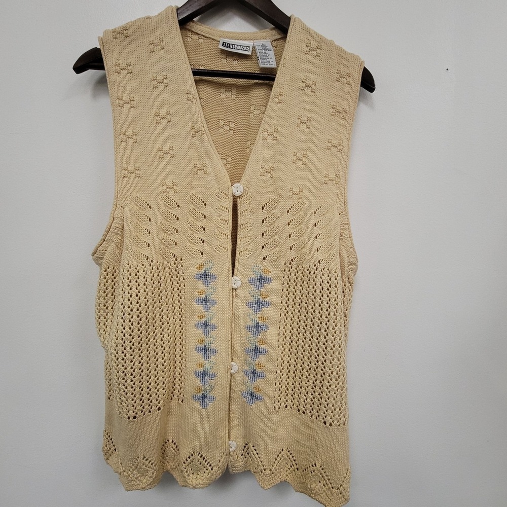 Vtg Russ Womens Button Up Cottagecore Knit Sweater Vest Size L V Neck Floral